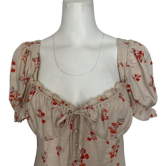 Bardot Lucinta Mini Dress 8 M Beige Floral Puff Sleeve Bohemian Spring Summer - Picture 7 of 12